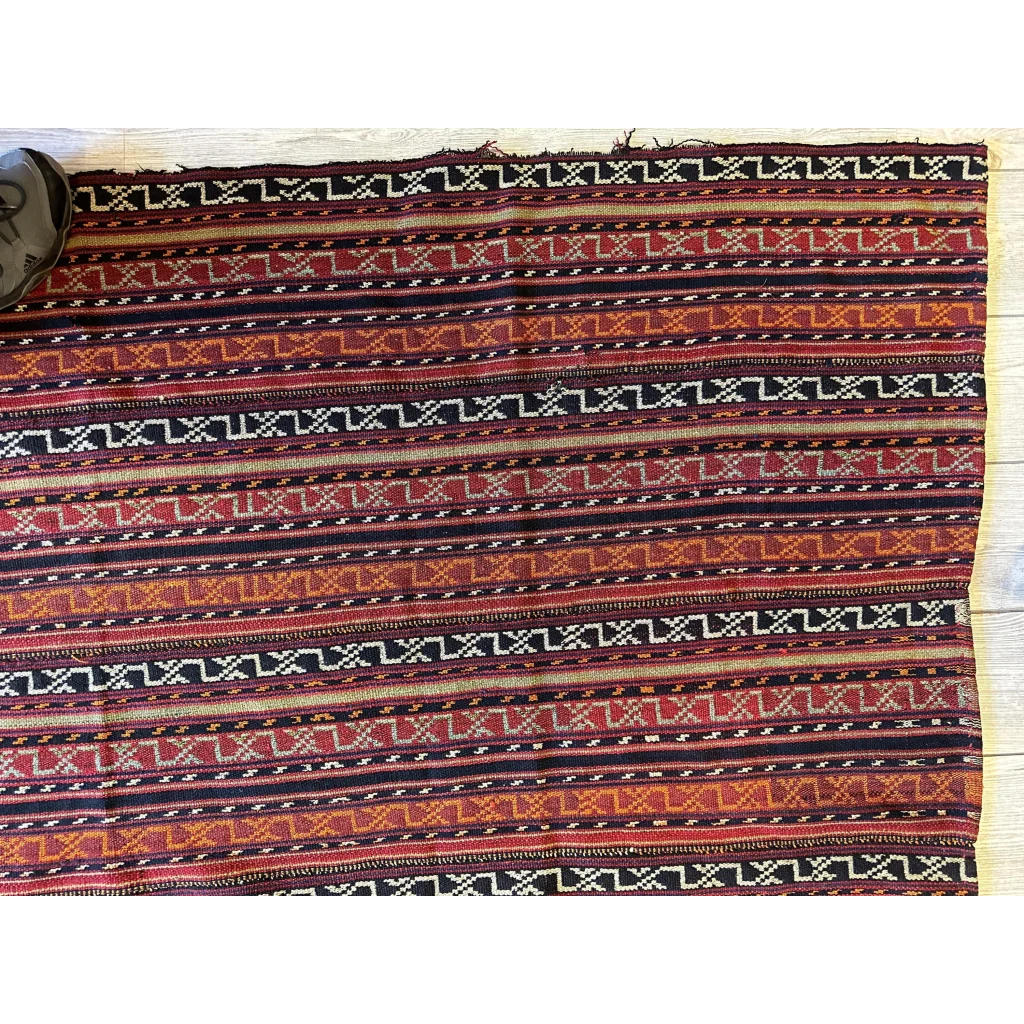 Antique Shahsavan Jajim rug with geometric patterns in reds and browns