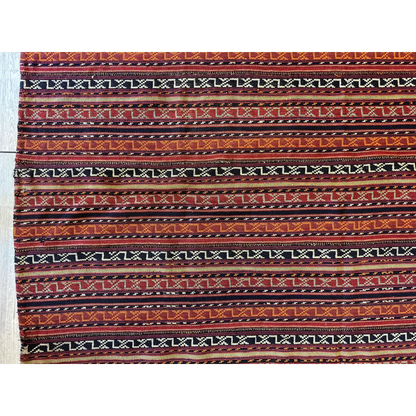 Antique Shahsavan Jajim flatweave rug, close-up of geometric patterns in reds browns and natural dyes
