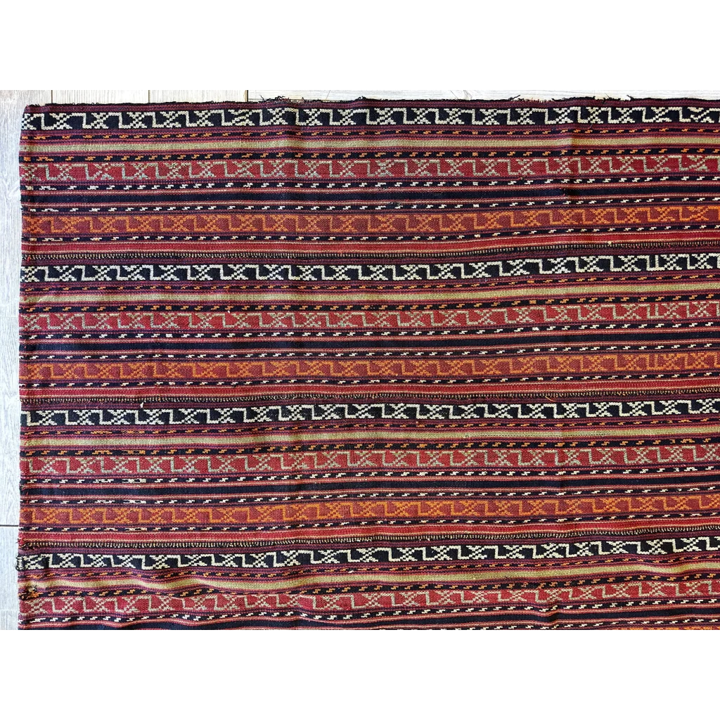 1900s Shahsavan Jajim rug from Azerbaijan, striped pattern detail, hand-woven natural wool