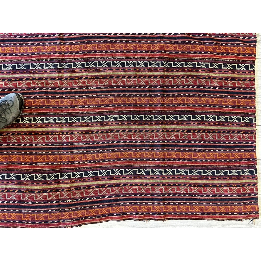 Antique Shahsavan Jajim rug with red-orange-blue stripes