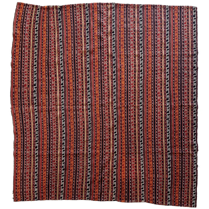 Antique Shahsavan Jajim rug with red-brown-black stripes and geometric embroidery