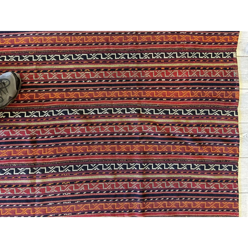Antique Shahsavan Jajim rug with red orange blue stripes