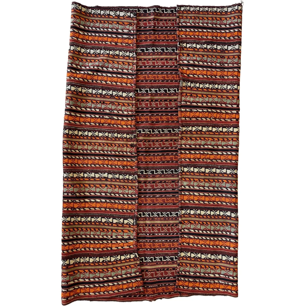 Antique Shahsavan Jajim rug with geometric patterns in earthy tones, natural wool flatweave