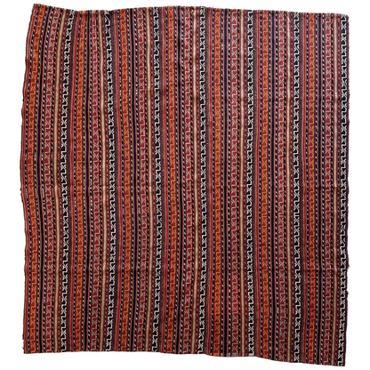 Antique 1900s Shahsavan Jajim rug from Azerbaijan, full view, red brown and black vertical stripes