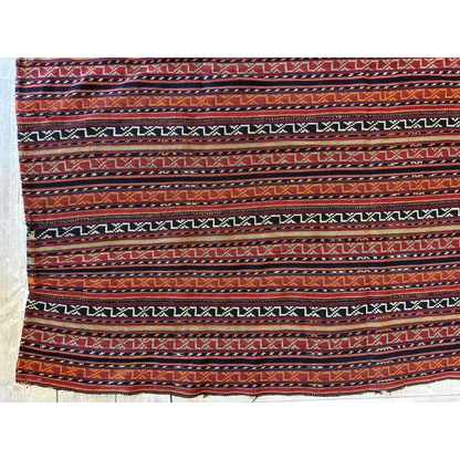 1900s Azerbaijani Shahsavan Jajim rug, detail of red orange vertical stripes and geometric motifs