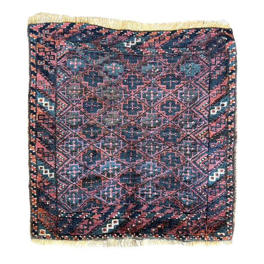 Antique tribal Baluch bag face rug in vintage purple with teal patterns