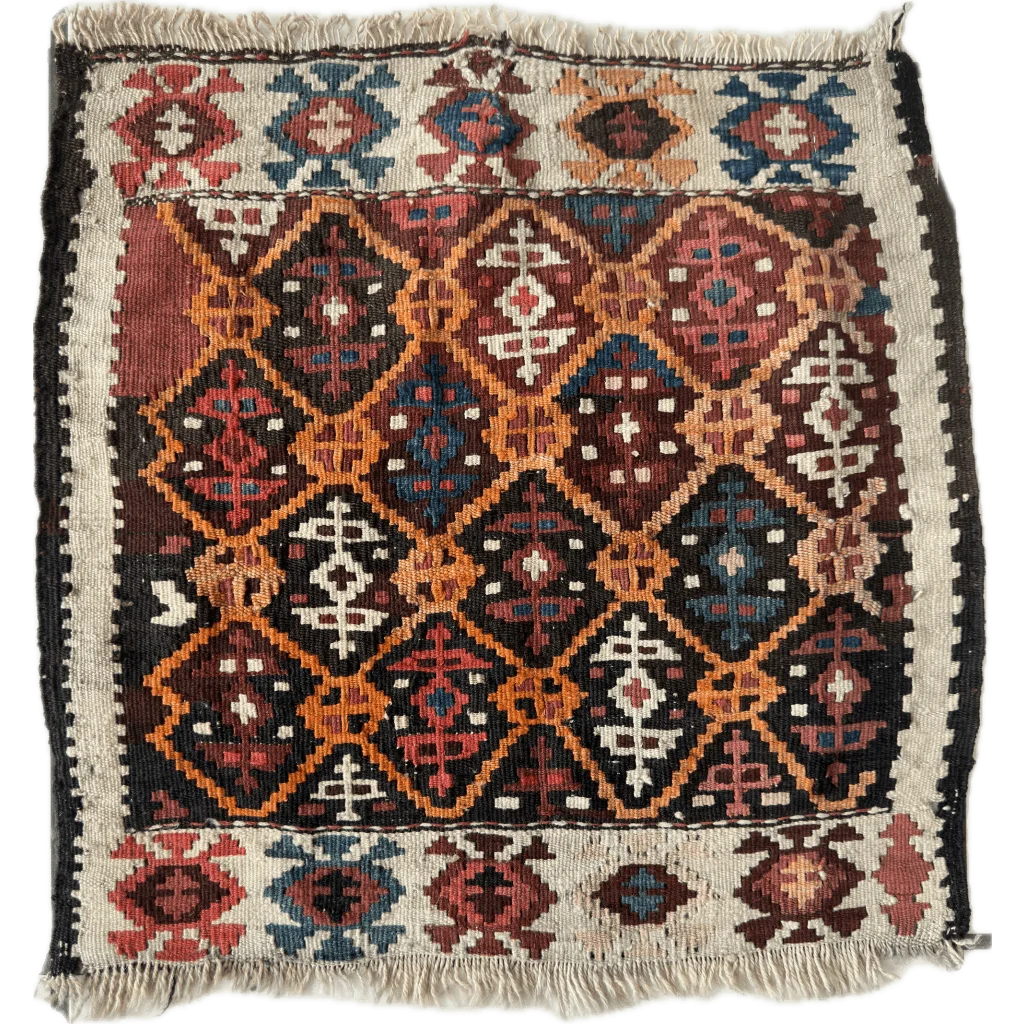 Antique Tribal Shahsavan Caucasian natural wool pile kilim rug with geometric patterns
