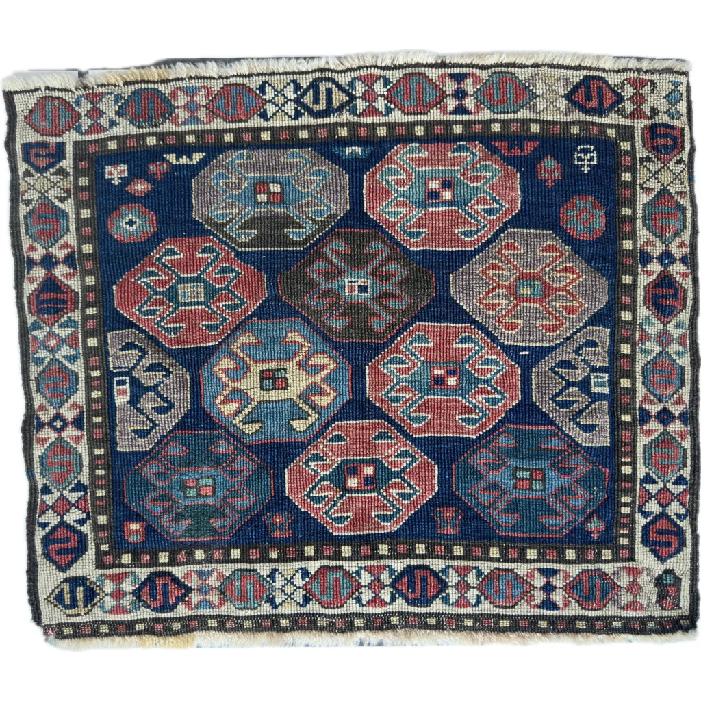 Antique 1900s Shahsavan Caucasian mafrash panel with geometric patterns in natural wool pile