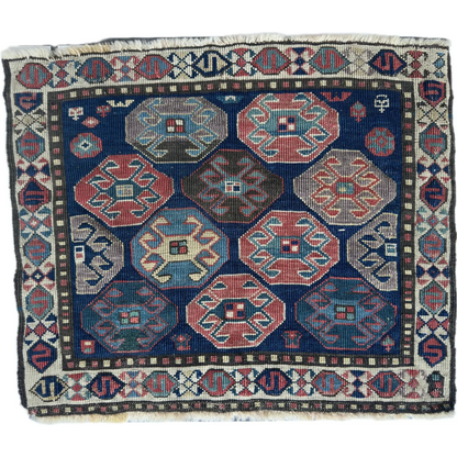 Antique 1900s Shahsavan Caucasian mafrash panel with geometric patterns in natural wool pile