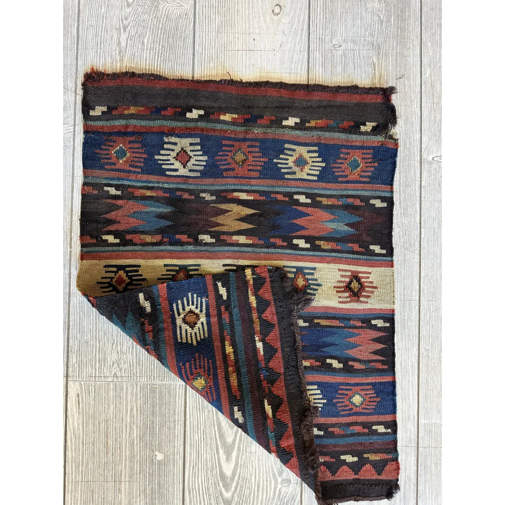 Antique 1900s Shahsavan mafrash panel from the Caucasus Mountains, geometric pattern detail