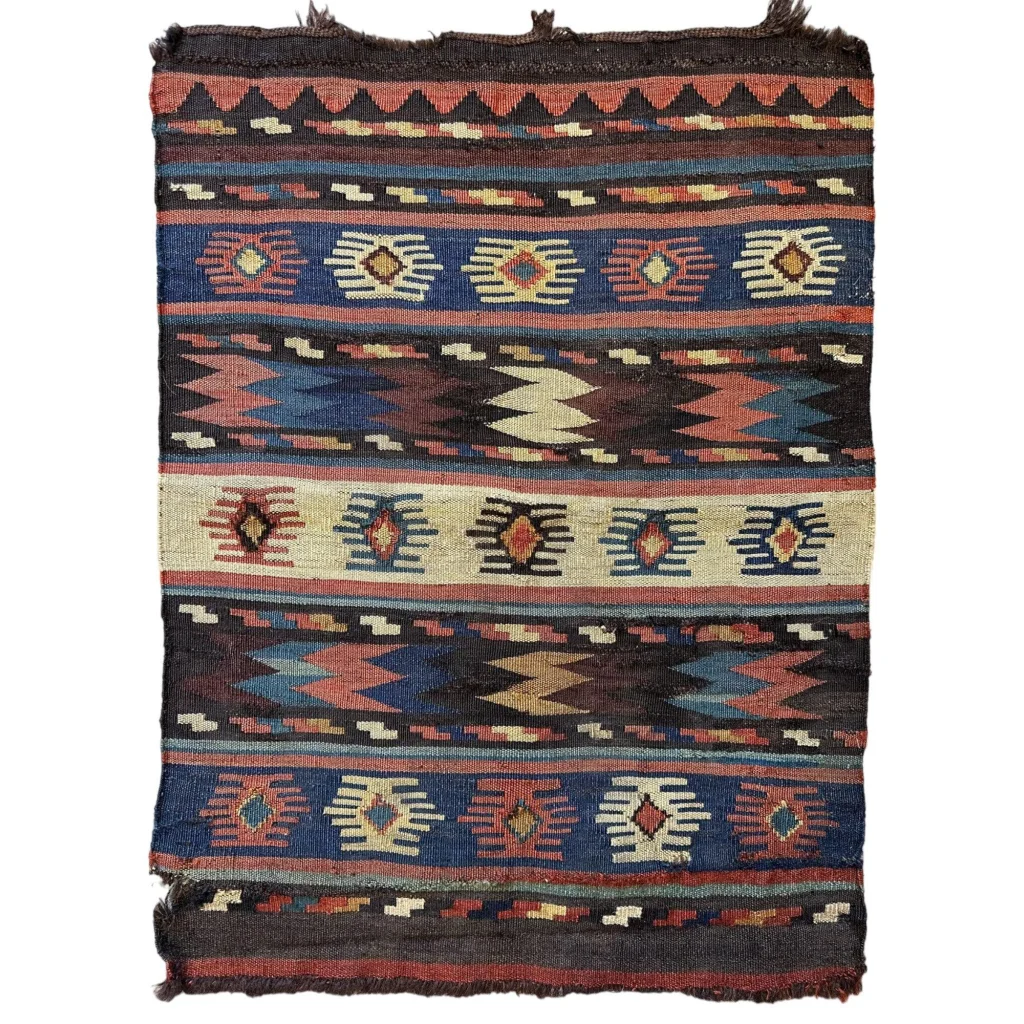 Antique 1900s Shahsavan Caucasian mafrash panel, full view, bold geometric patterns in vibrant natural dyes