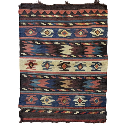Antique 1900s Shahsavan Caucasian mafrash panel, full view, bold geometric patterns in vibrant natural dyes