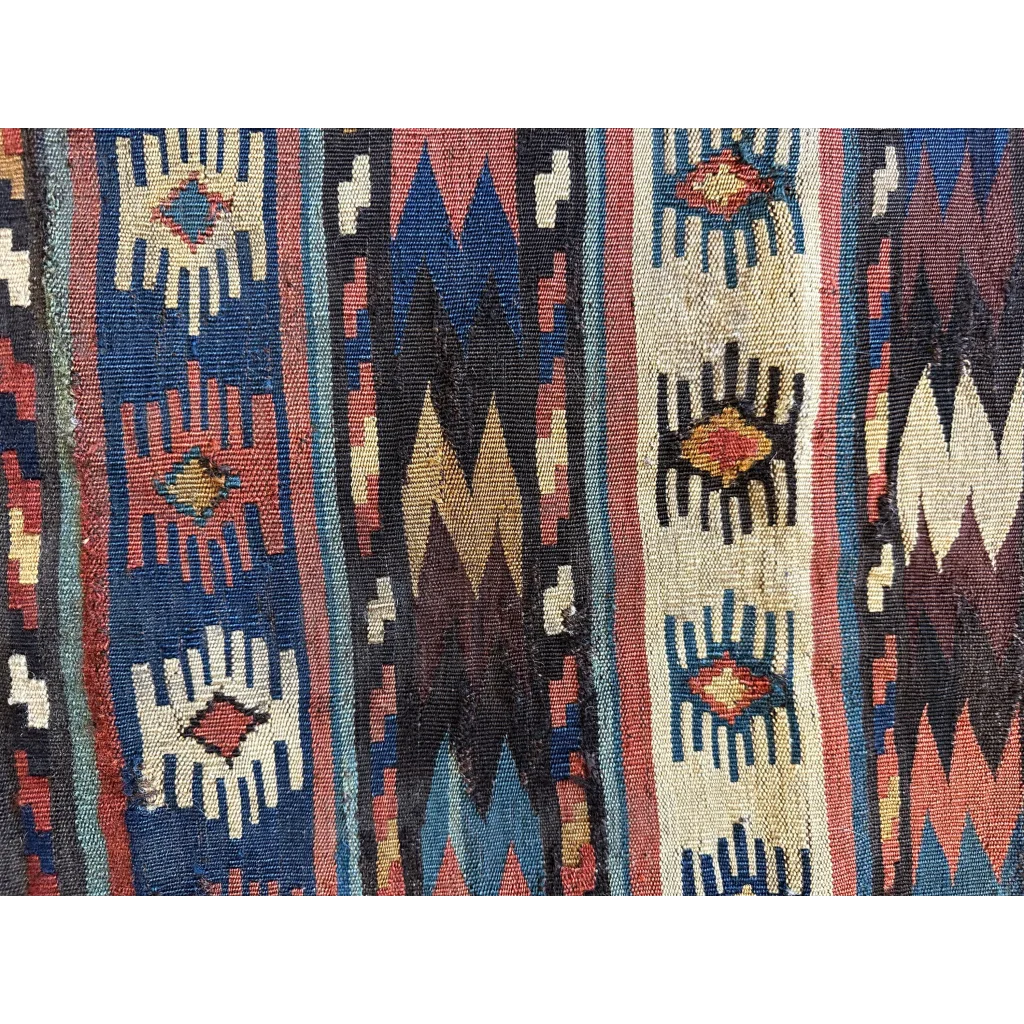 Shahsavan Caucasian mafrash panel 1900s, detail of bold geometric design, natural wool pile and foundation