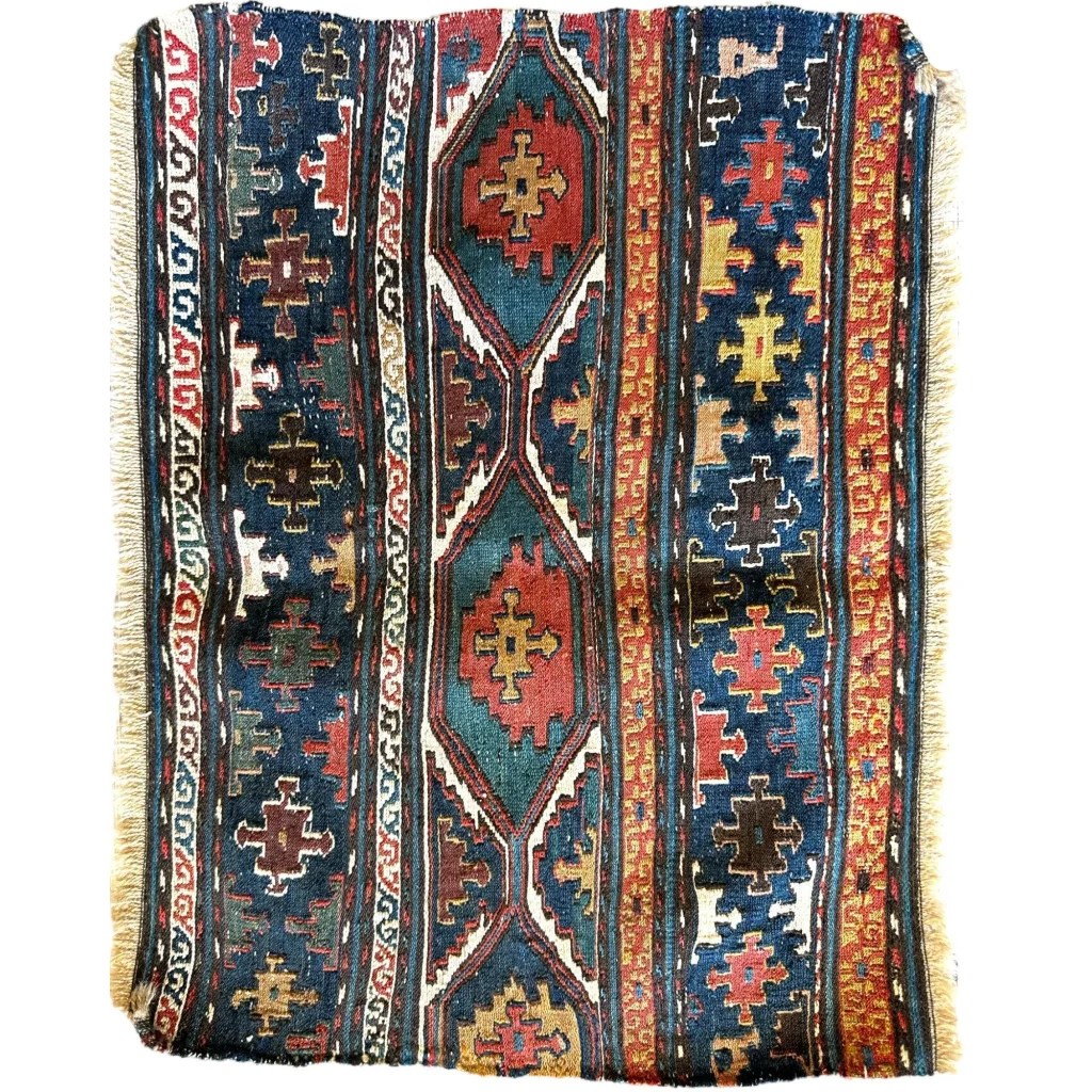 Antique tribal Shahsavan natural wool pile rug with geometric patterns