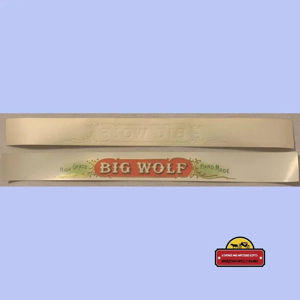 Wooden cigar box lid with BIG WOLF print from an antique vintage cigar label strip