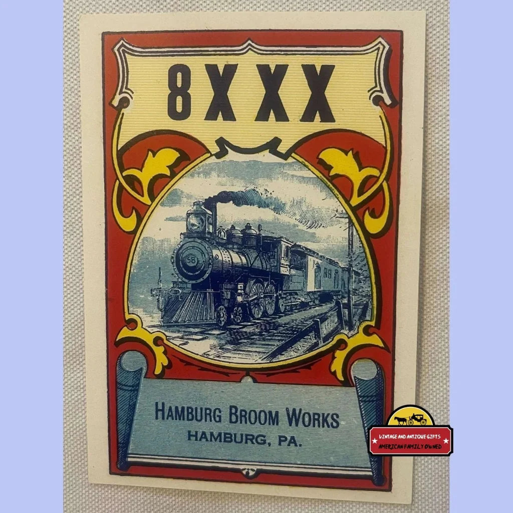 Vintage locomotive broom label showcasing a steam locomotive from Hamburg Broom Works