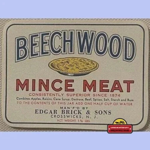Antique Vintage 1910s - 1930s Beechwood Mince Meat Label Crosswicks NJ Advertisements Rare | 1910s-1930s