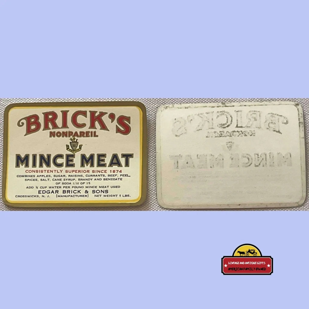 Antique Vintage 1910s - 1930s Brick’s Nonpareil Mince Meat Label 5 Lb Advertisements Add Classic Charm