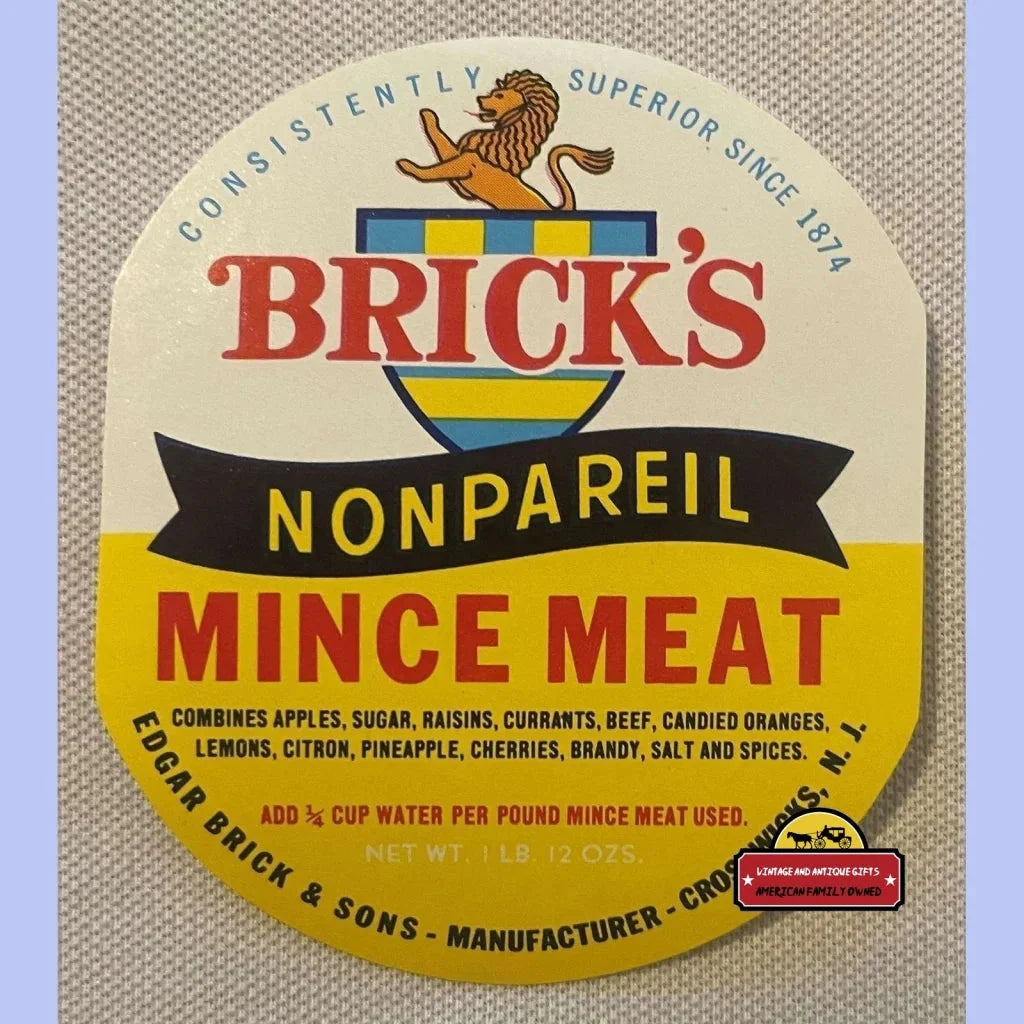 Vintage Brick’s Nonpareil Mince Meat label from the 1910s, a rare collectible find