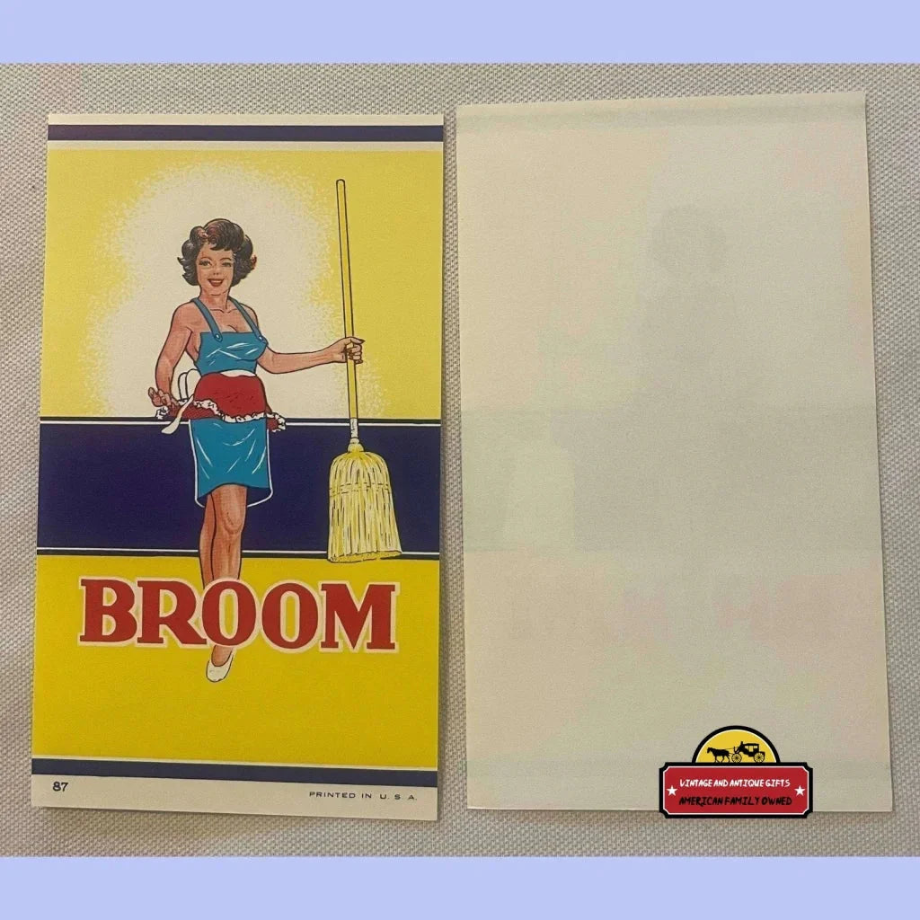 Vintage 1910s broom label featuring a colorful woman with a stylish broom