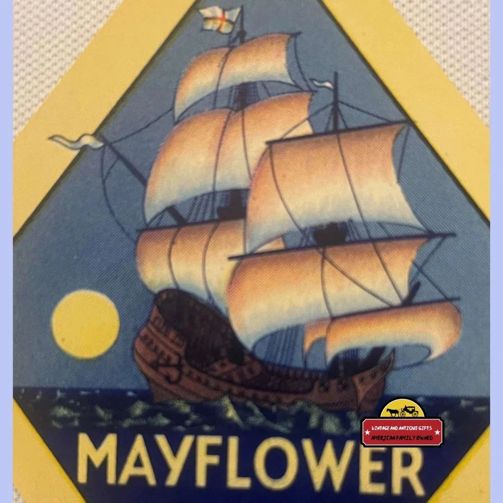 Sailing ship with full moon in night sky for Rare Antique Vintage Mayflower Broom Label