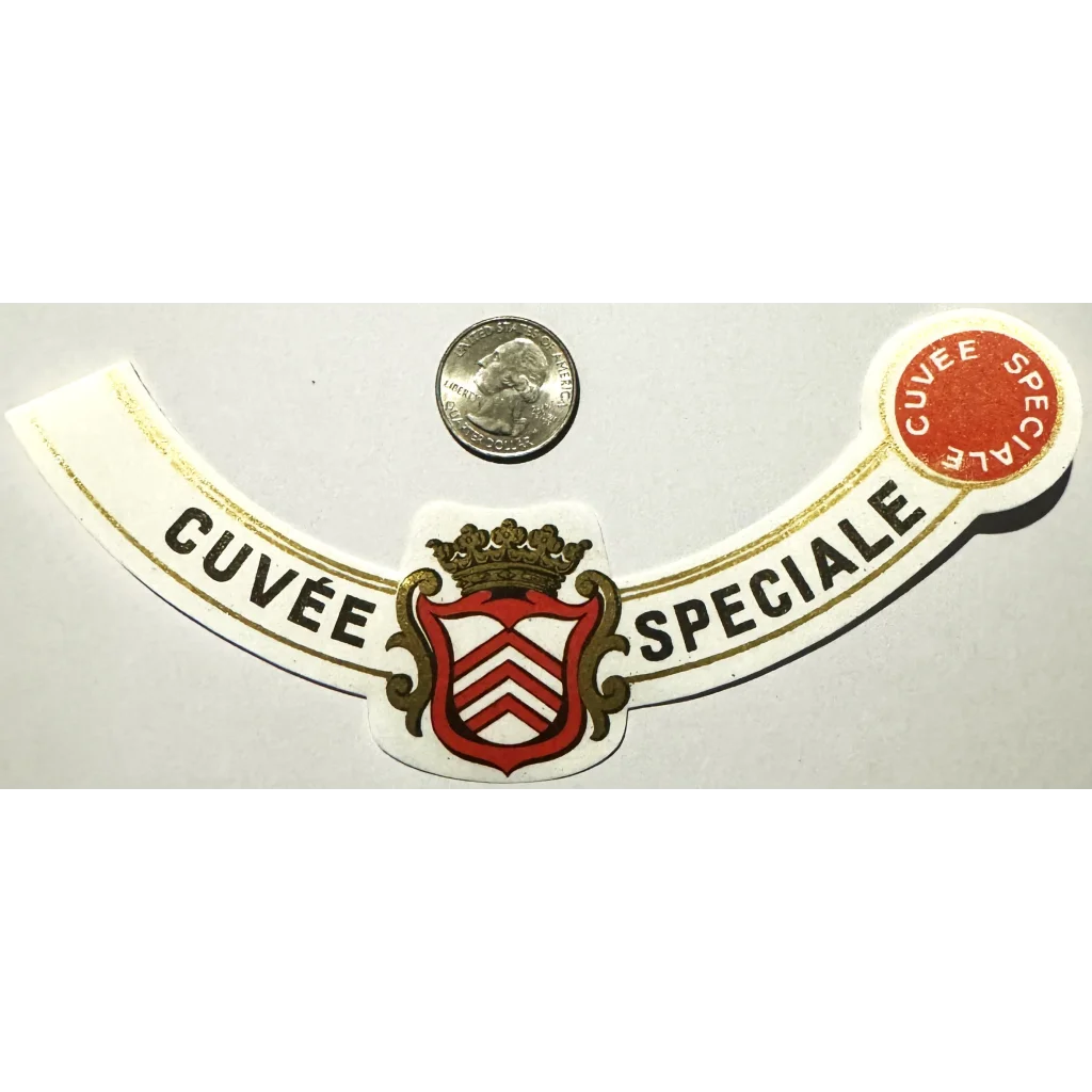 Curved Antique Vintage French Wine Label featuring Cuvée Spéciale and a heraldic shield