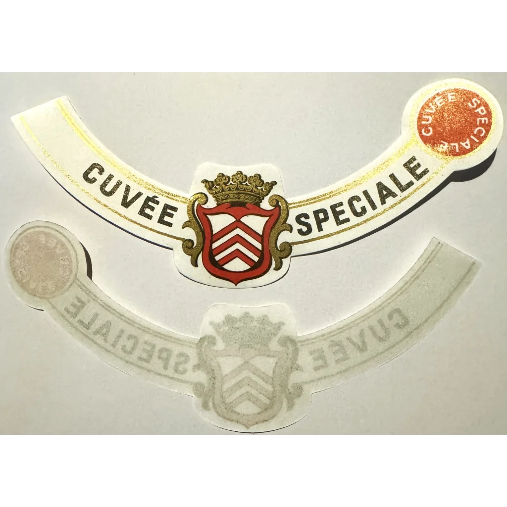 Curved Antique Vintage French Wine Label with CUVEE SPECIALE and regal emblem