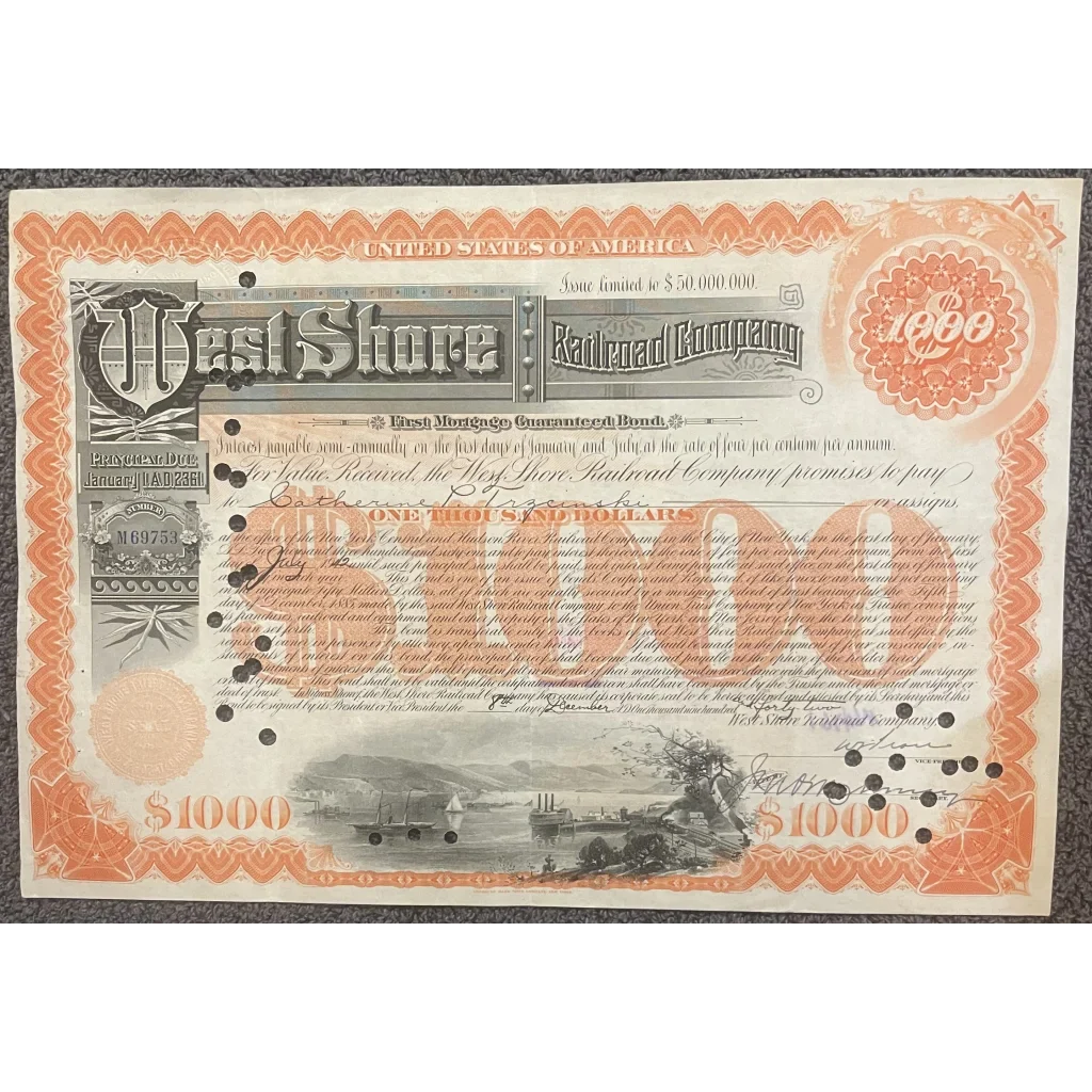 Vintage West Shore Railroad stock certificate from 1899, a rare antique find