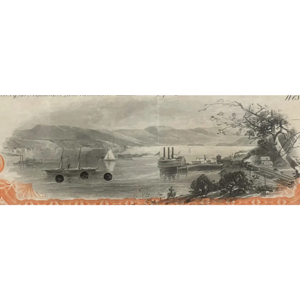 Panoramic sketch of a harbor with ships on a Rare Antique Vintage West Shore Railroad certificate