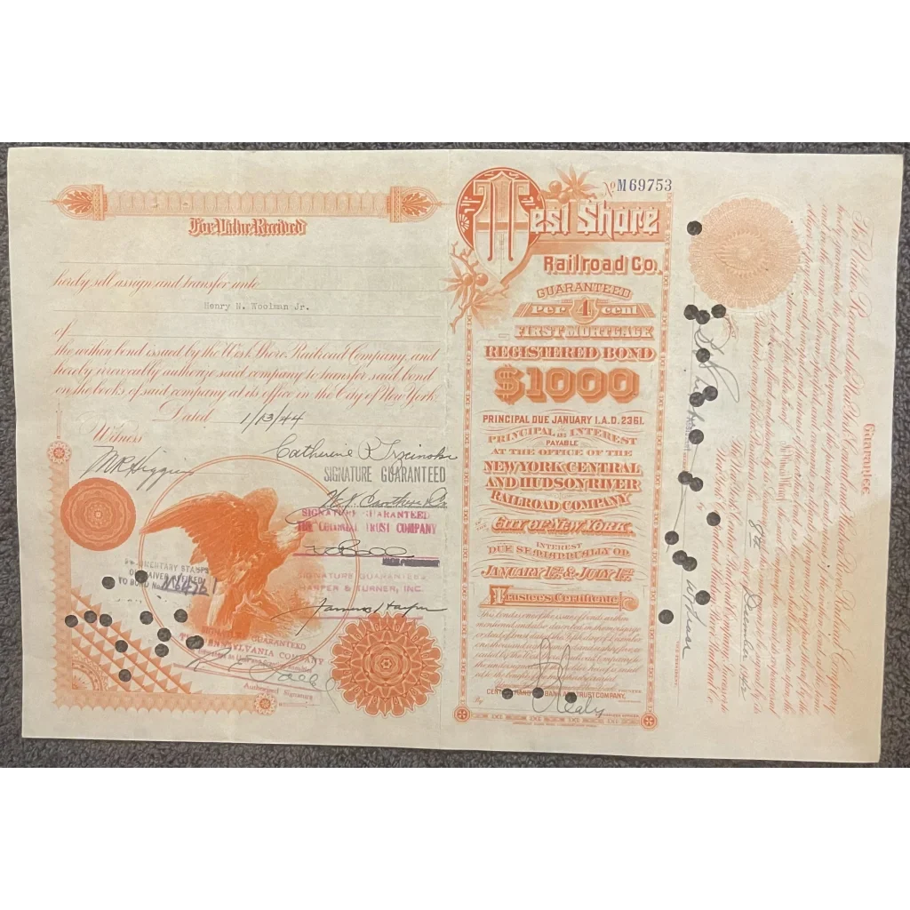 Vintage West Shore Railroad Stock Certificate with decorative orange-tinted text