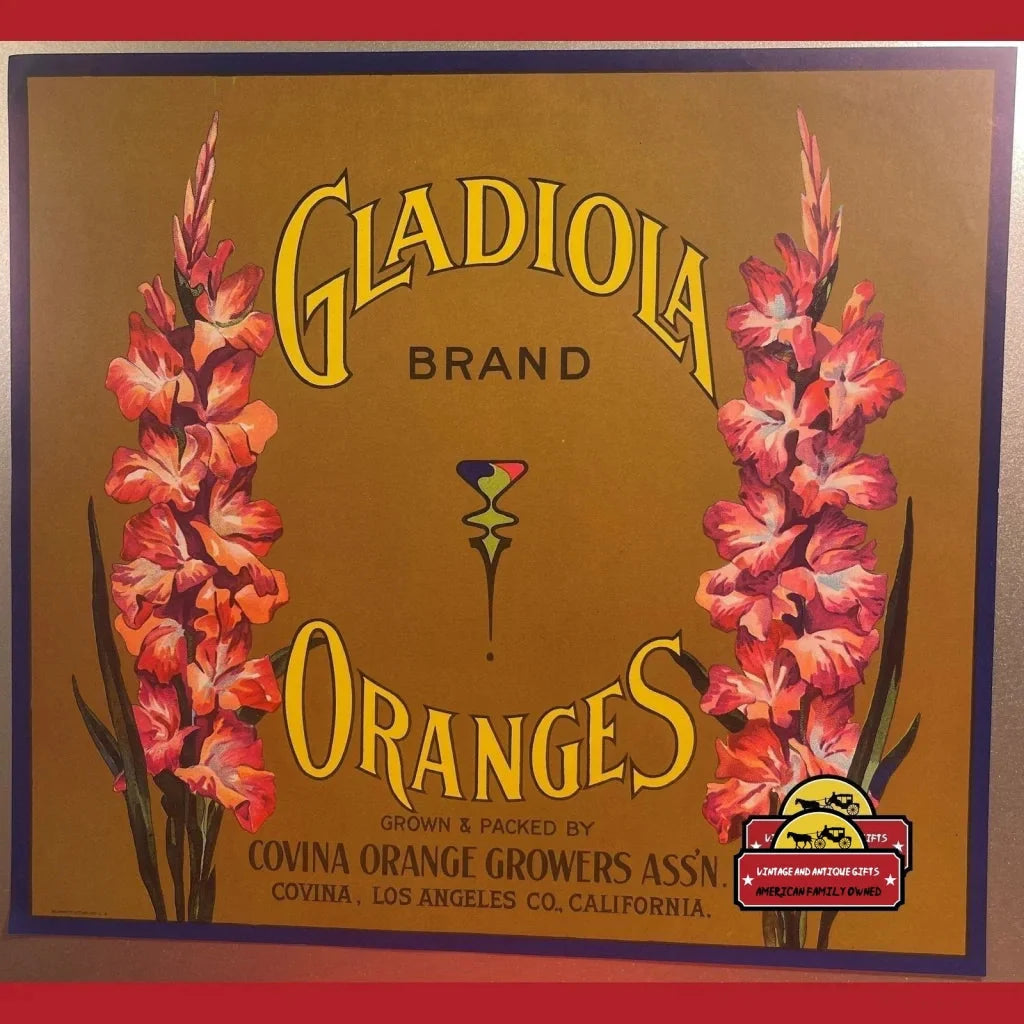 Vintage fruit crate label for Gladiola Brand oranges with pink flowers, perfect antique gifts