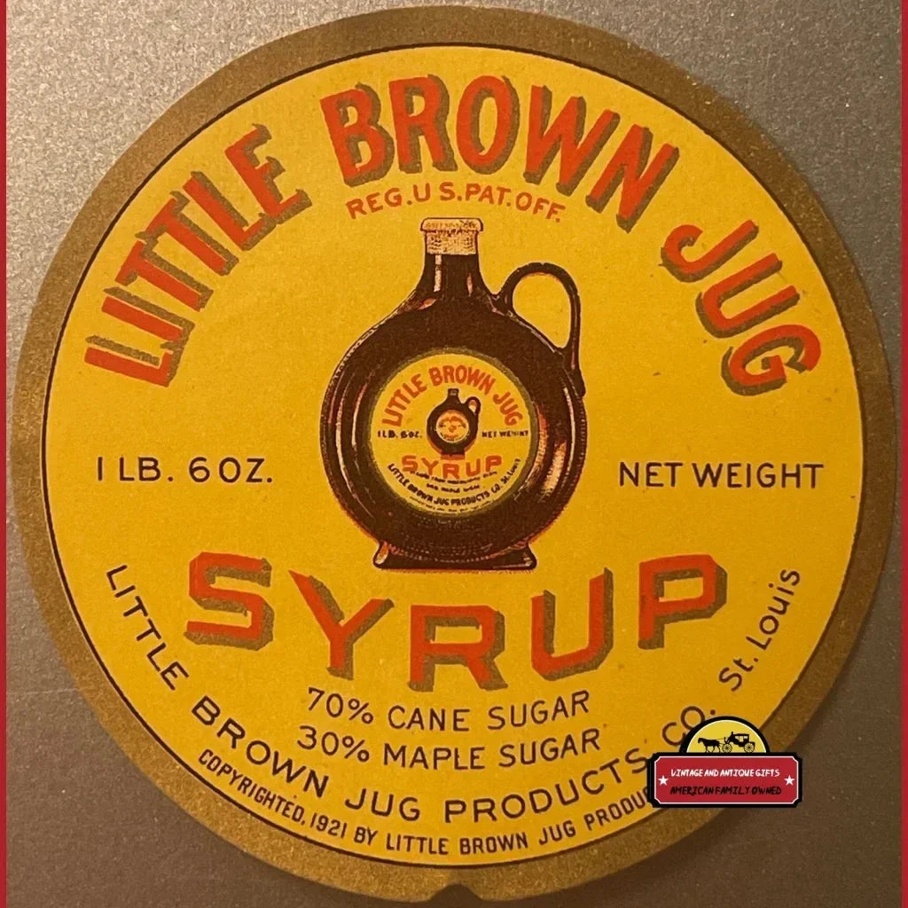 Circular yellow syrup label featuring a brown jug illustration for Little Brown Jug Syrup