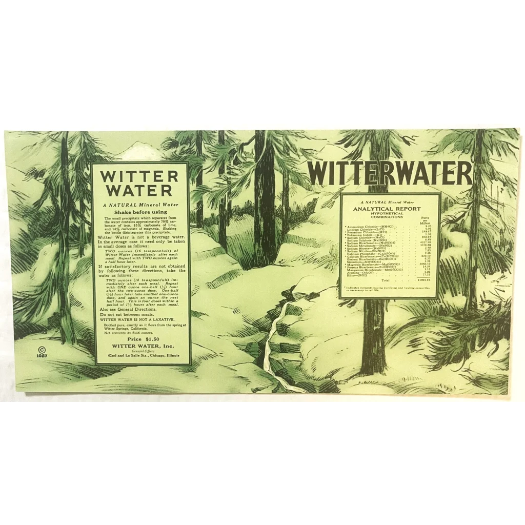 Antique Vintage 1927 Witter Water Label Quack Americana Cures Capone Hangout! Advertisements Pharmacy Labels Rare