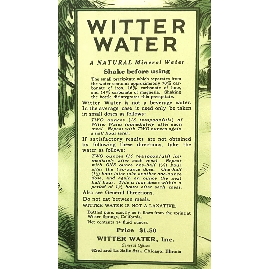 Antique Vintage 1927 Witter Water Label Quack Americana Cures Capone Hangout! Advertisements Pharmacy Labels Rare