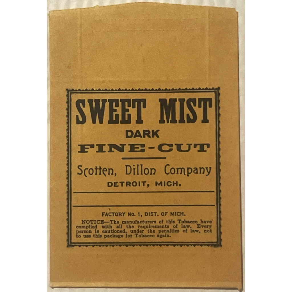 Antique Vintage 1930s - 1940s Sweet Mist Dark Fine Cut Tobacco Bag Detroit MI Collectibles Cigar and other Tobacciana