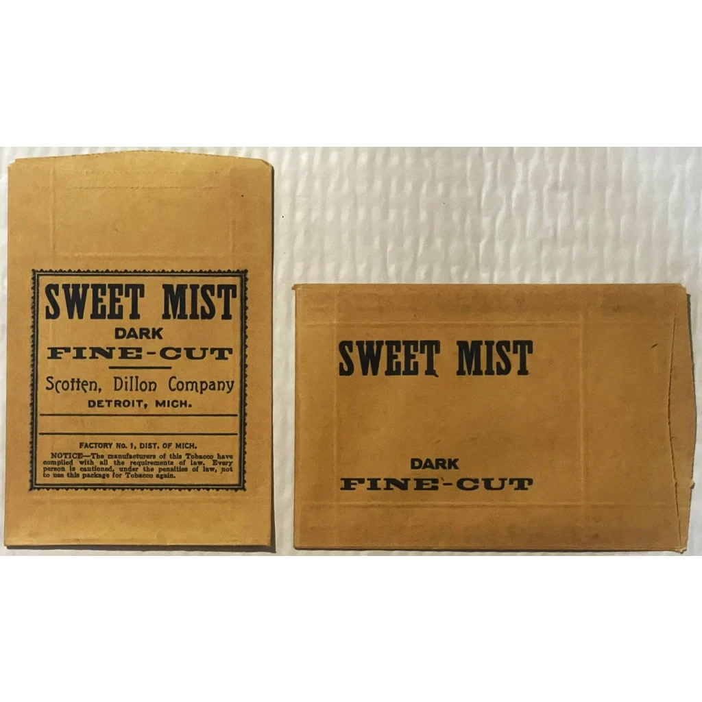 Two vintage tobacco packaging labels for Sweet Mist Dark in a rare antique tobacco bag