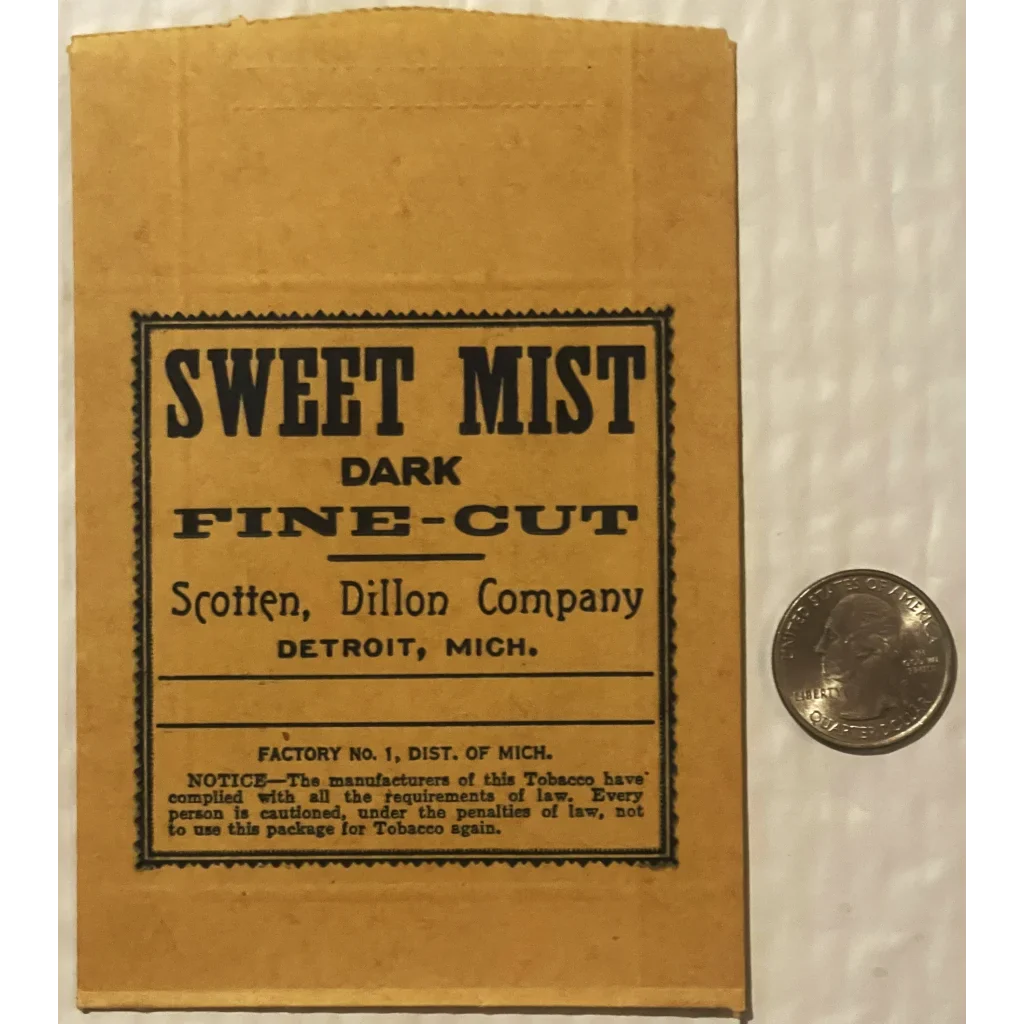 Vintage tobacco bag showcasing Sweet Mist Dark from the Scotten, Dillon Company in Detroit