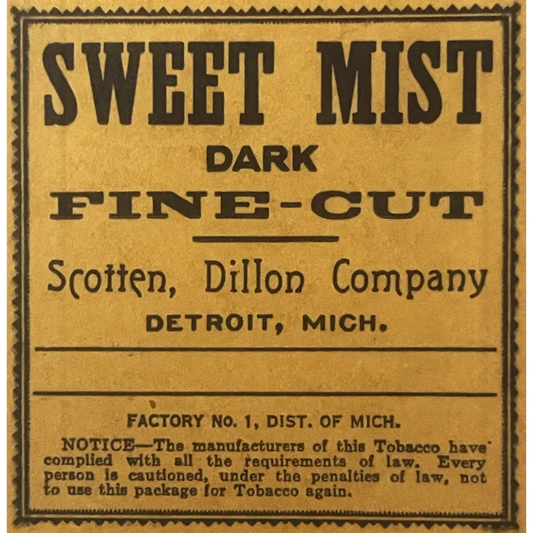 Antique vintage Sweet Mist dark tobacco bag label from Scotten, Dillon Company, Detroit