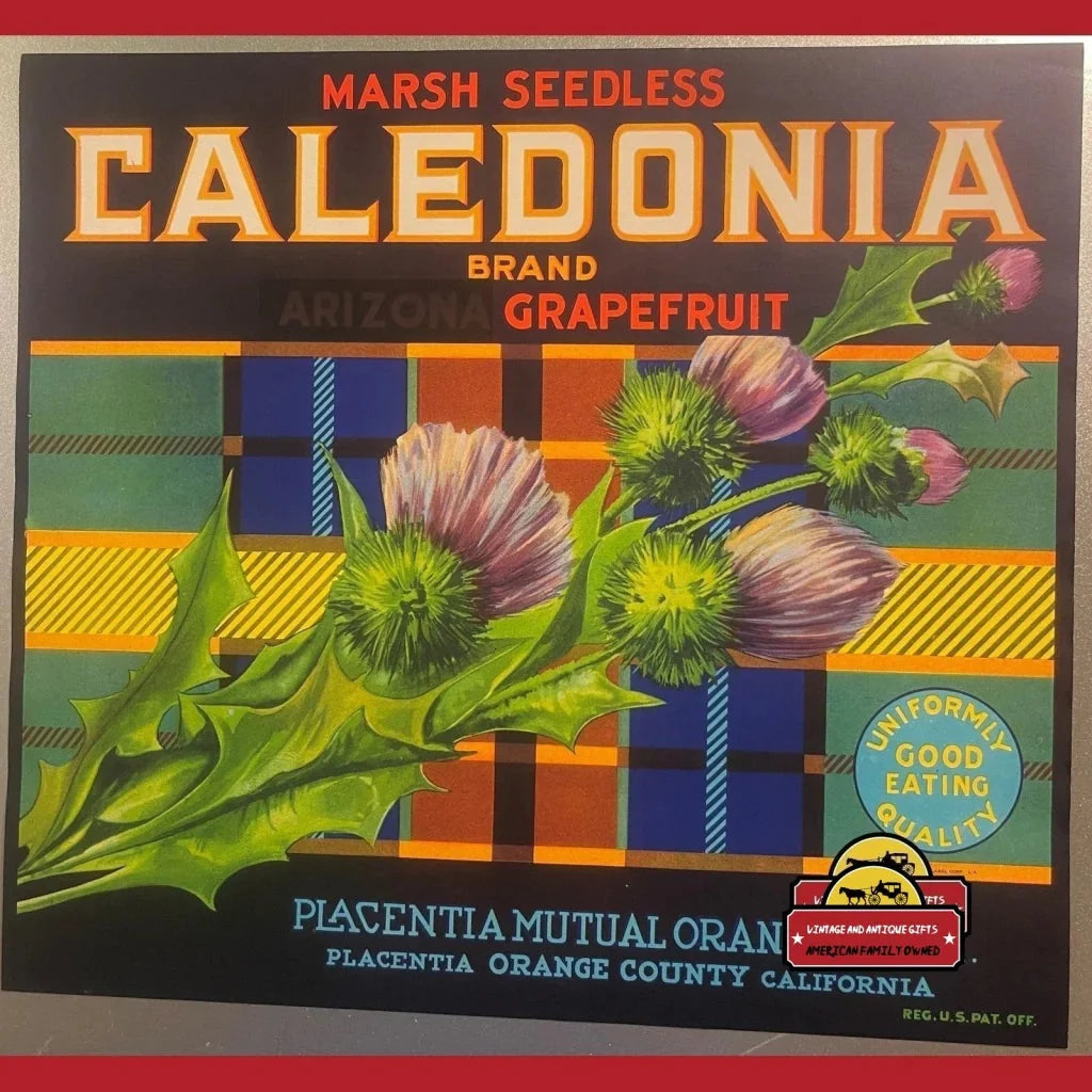 Vintage Caledonia crate label showcasing colorful patterns and thistle illustrations