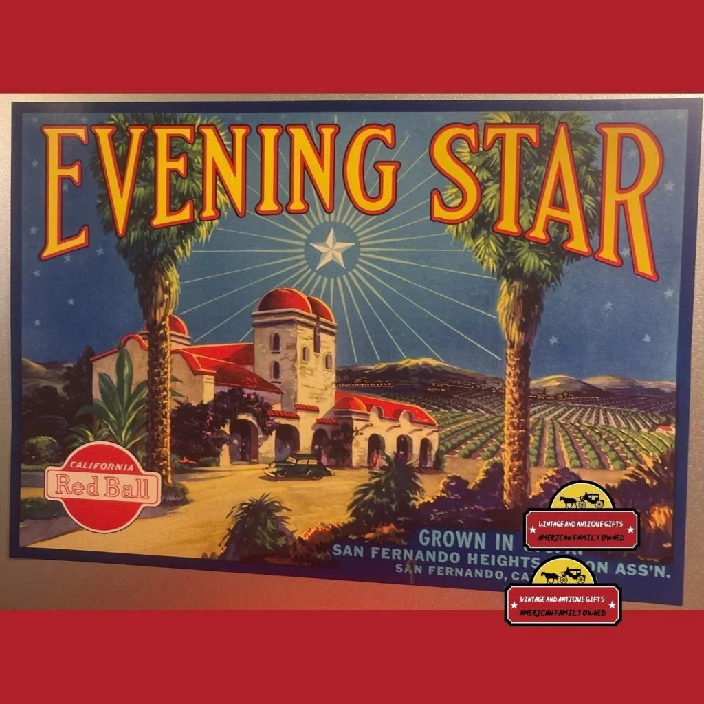 Vintage 1930s Evening Star crate label showcasing San Fernando’s mission and palm trees