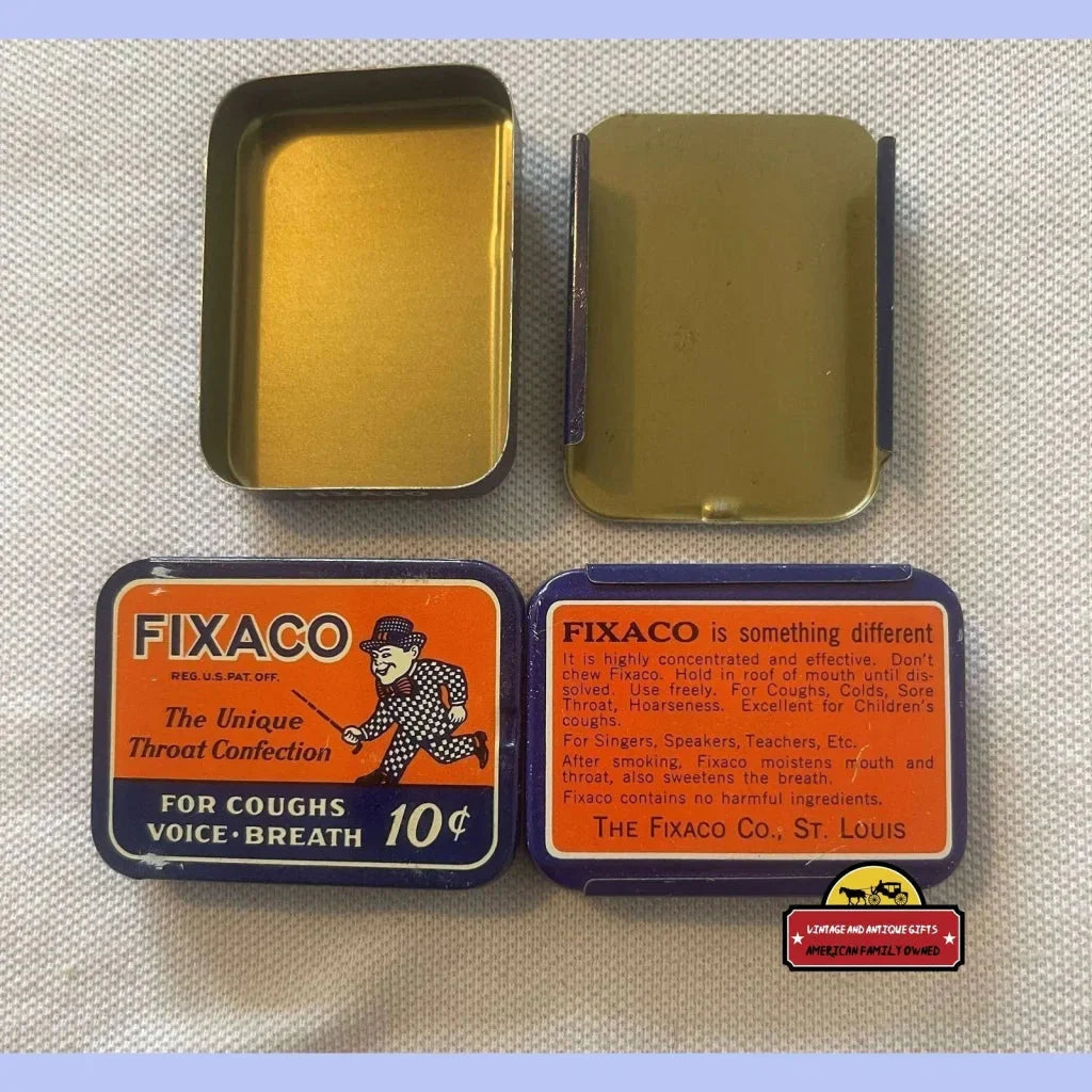 Vintage Fixaco medicine tin with cool orange and blue design from the 1930s