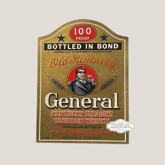 Vintage General bourbon label in gold and red with wheat, from the 1930s