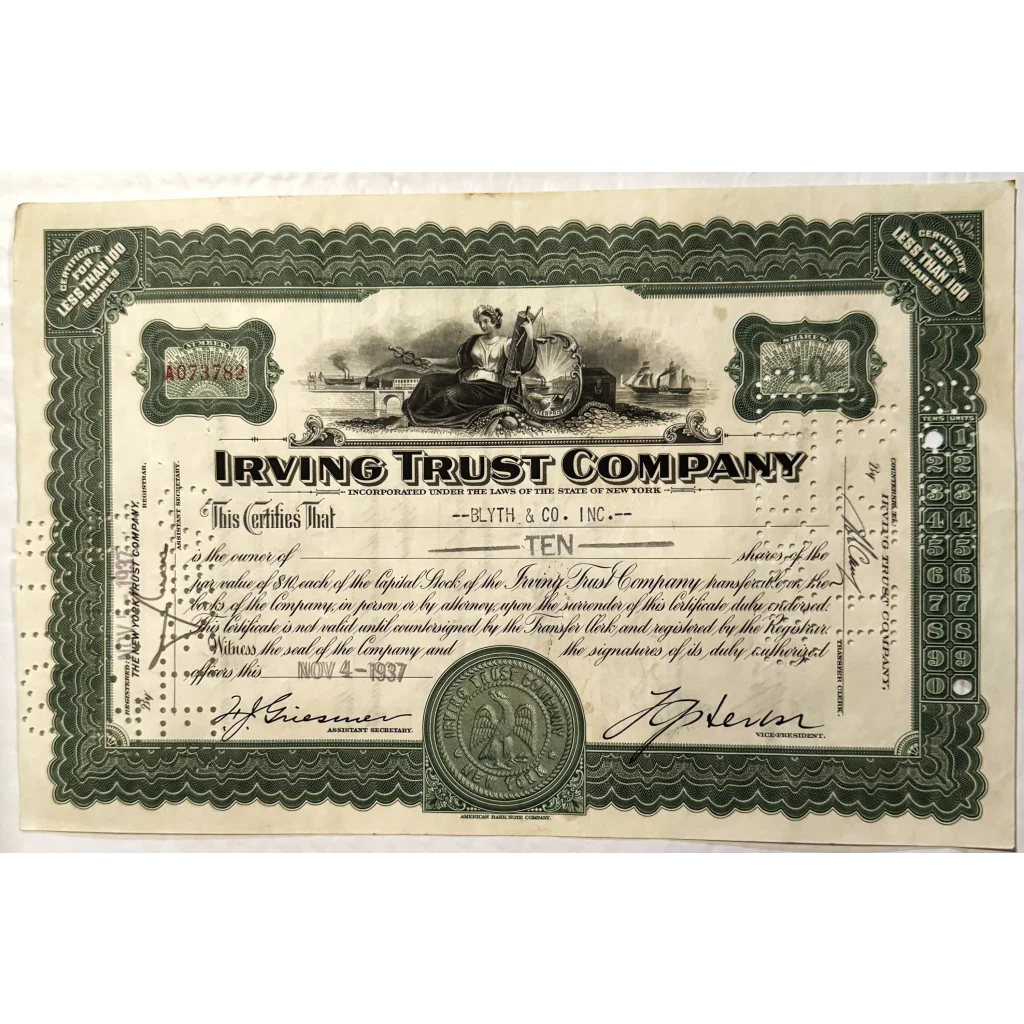 Decorative Irving Trust Company stock certificate from the 1930s with unique vignettes