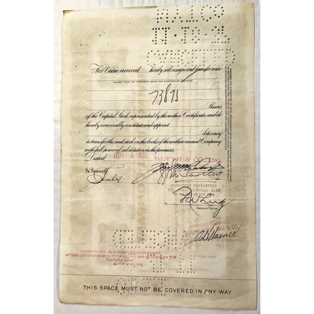 Vintage Irving Trust Company stock certificate with unique handwritten signatures and markings