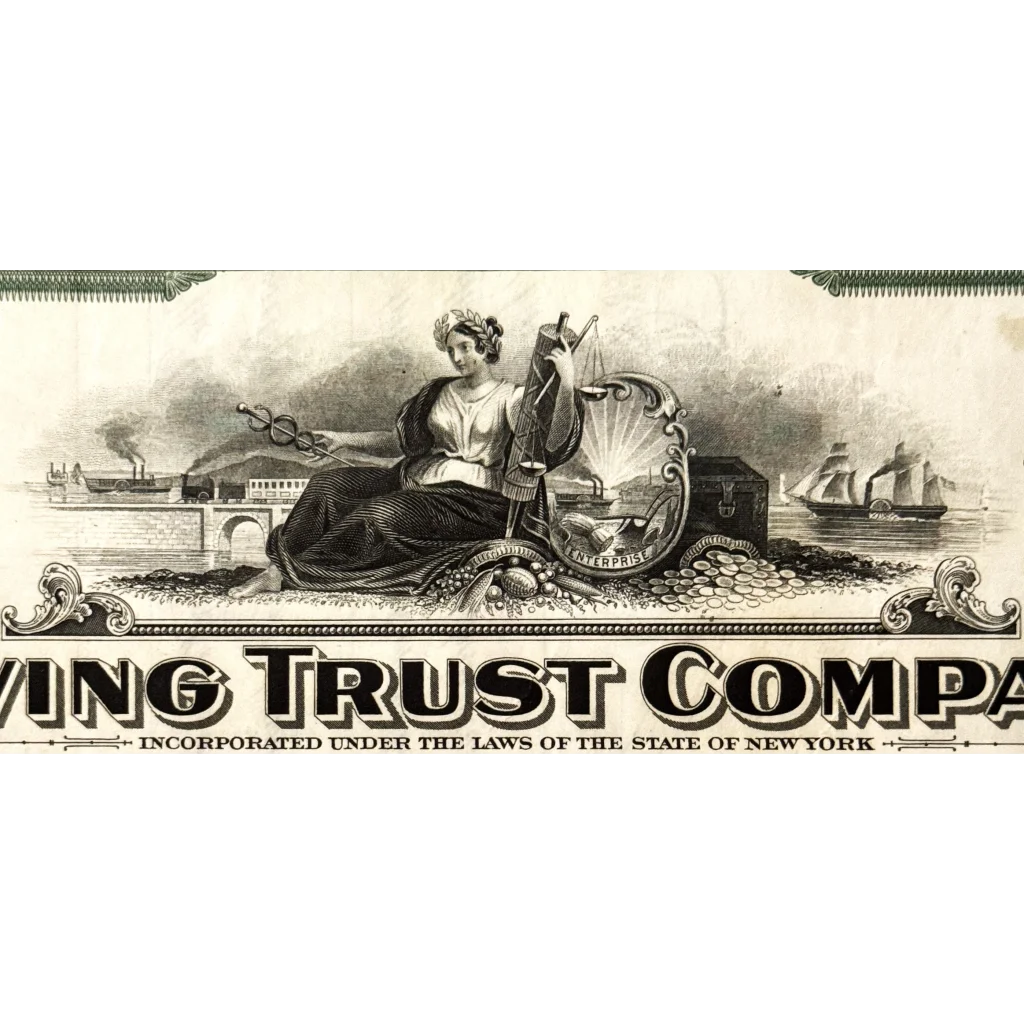 Vintage Irving Trust Company stock certificate header with allegorical figure and symbols