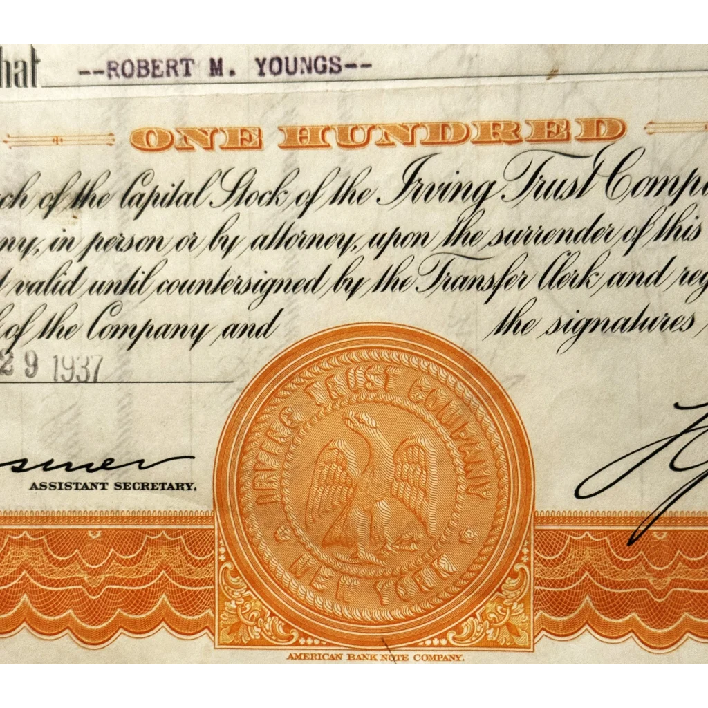 Antique Vintage 1930s Irving Trust Company Stock Certificate Orange RIP 1988! Collectibles - Unique!