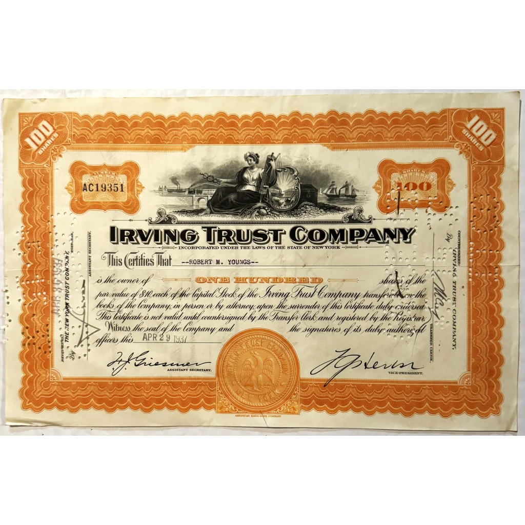 Antique Vintage 1930s Irving Trust Company Stock Certificate Orange RIP 1988! Collectibles - Unique!