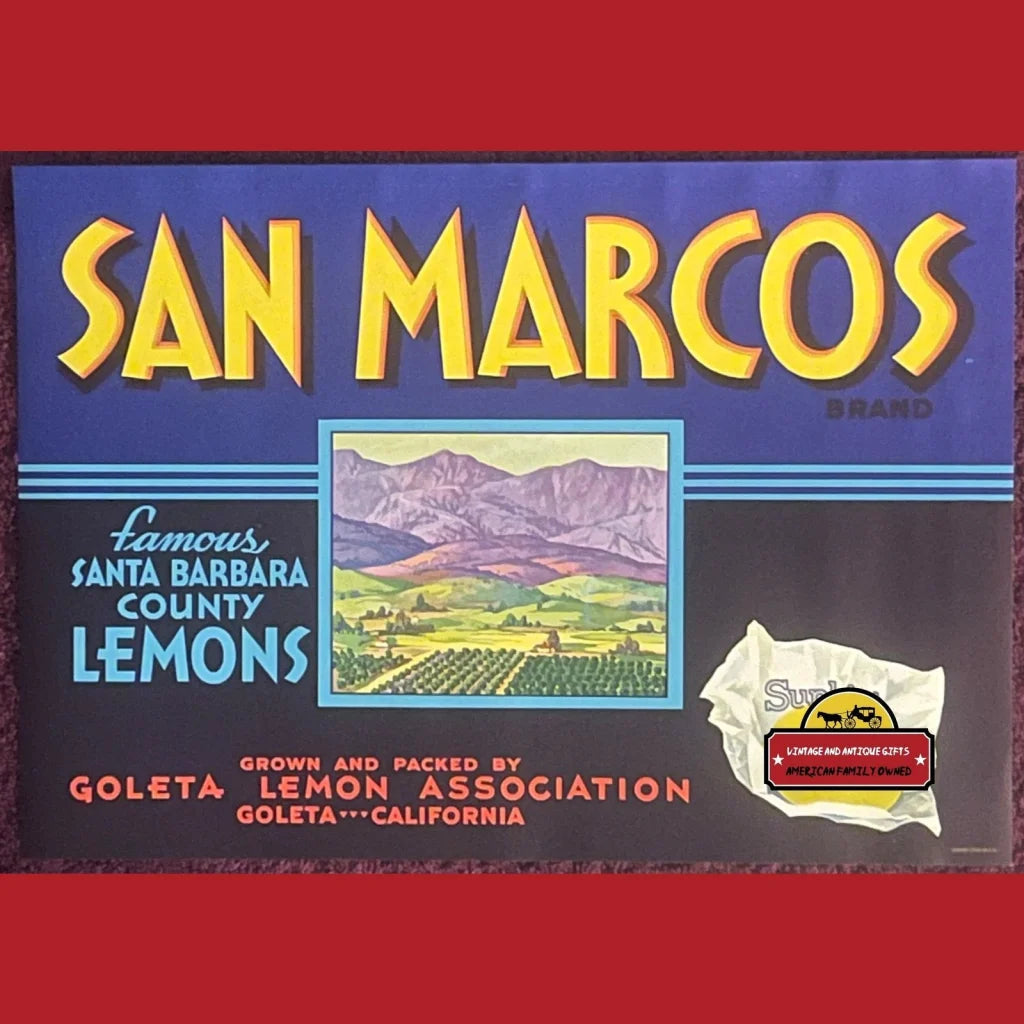 Antique Vintage 1930s San Marcos Sunkist Crate Label Goleta Ca Advertisements Food and Home Misc. Memorabilia Rare