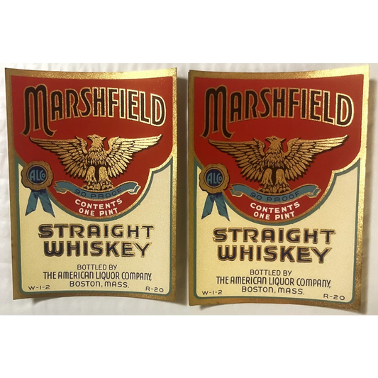 Two 🦅 Antique Vintage 1930s Marshfield Whiskey Label Boston MA Gold Eagle! Advertisements and Gifts Home page Rare