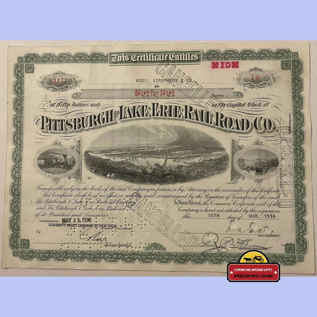 Antique Vintage 1930s Pittsburgh & Lake Erie Railroad Stock Certificate Collectibles and Bond Certificates Rare